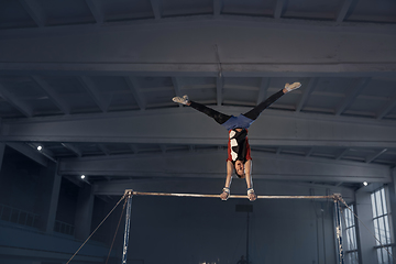 Image showing Little male gymnast training in gym, flexible and active