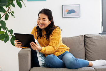 Image showing asian young woman with tablet pc computer at home