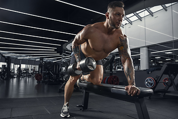 Image showing The male athlete training hard in the gym. Fitness and healthy life concept.