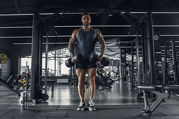 Image showing The male athlete training hard in the gym. Fitness and healthy life concept.