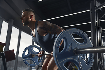 Image showing The male athlete training hard in the gym. Fitness and healthy life concept.