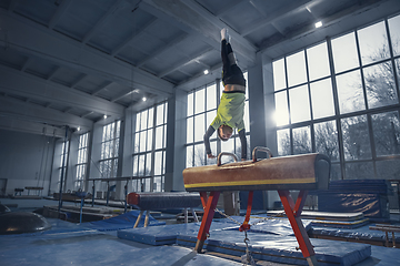 Image showing Little male gymnast training in gym, flexible and active