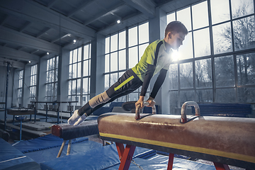 Image showing Little male gymnast training in gym, flexible and active