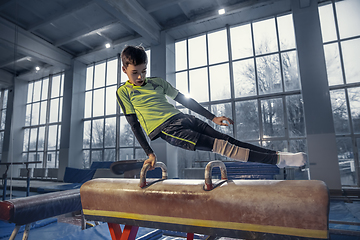 Image showing Little male gymnast training in gym, flexible and active