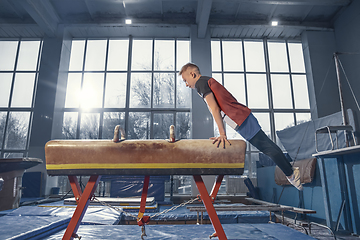 Image showing Little male gymnast training in gym, flexible and active