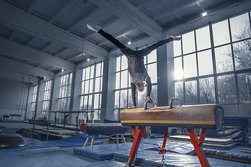 Image showing Little male gymnast training in gym, flexible and active