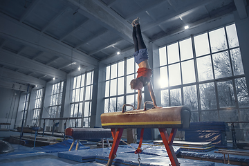 Image showing Little male gymnast training in gym, flexible and active