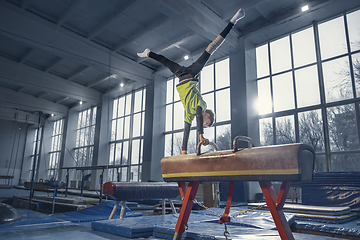 Image showing Little male gymnast training in gym, flexible and active