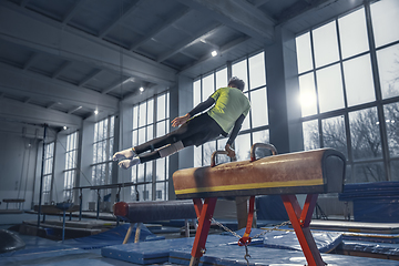 Image showing Little male gymnast training in gym, flexible and active