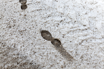 Image showing Traces on dirty snow