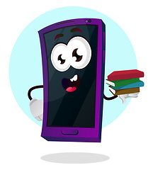 Image showing Mobile emoji holding several books in his hand illustration vect