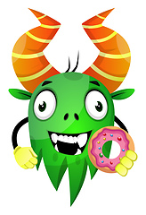 Image showing Happy monster holding a donut, illustration, vector on white bac