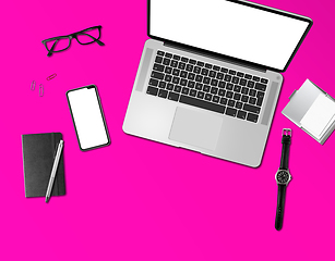 Image showing Office desk mockup top view isolated on magenta pink