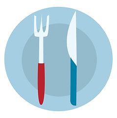 Image showing Blue food plate with fork and knife illustration vector on white