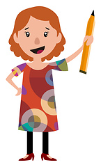 Image showing Woman in dress holding a big pencil illustration vector on white