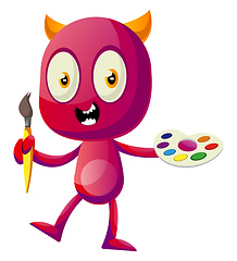 Image showing Devil holding color palette, illustration, vector on white backg