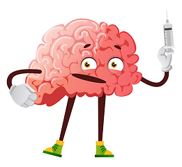 Image showing Brain holding a injection, illustration, vector on white backgro