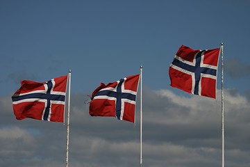 Image showing Three Norwegian flags