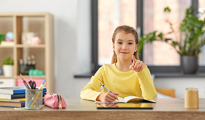 Image showing student girl pointing finger to camera at home