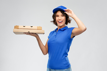 Image showing delivery woman with takeaway pizza boxes