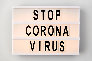 Image showing lightbox with stop coronavirus caution words