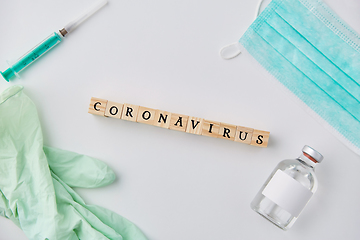 Image showing coronavirus word, mask, gloves, syringe and drug