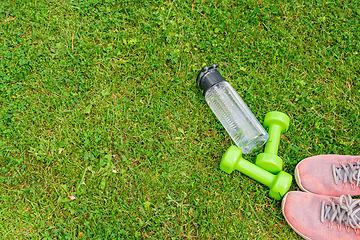 Image showing Ladie's dumbbells and sneakers on the green grass background