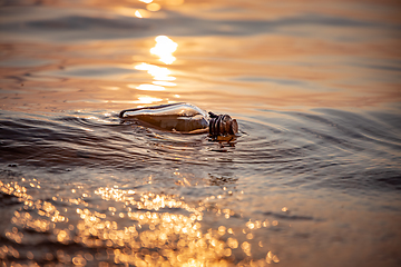 Image showing Message in the bottle against the Sun setting down