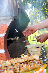 Image showing human hands roasting appetizing barbecue on fire