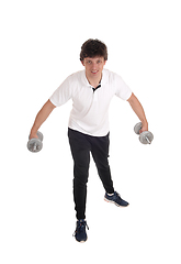 Image showing Exercising young man with two dumbbells