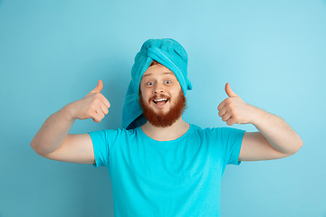 Image showing Portrait of young caucasian man in his beauty day and skin care routine