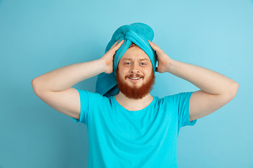 Image showing Portrait of young caucasian man in his beauty day and skin care routine