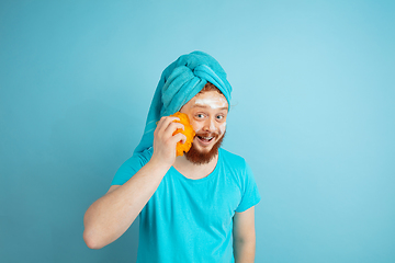 Image showing Portrait of young caucasian man in his beauty day and skin care routine