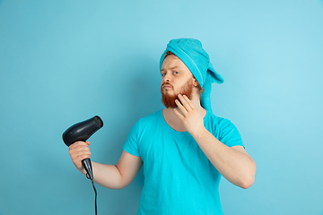 Image showing Portrait of young caucasian man in his beauty day and skin care routine