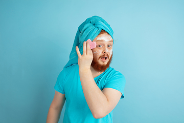 Image showing Portrait of young caucasian man in his beauty day and skin care routine