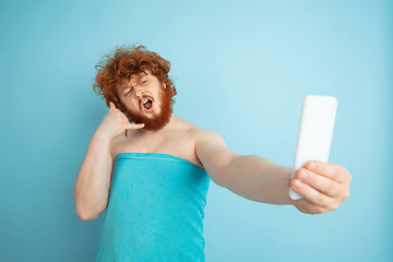 Image showing Portrait of young caucasian man in his beauty day and skin care routine