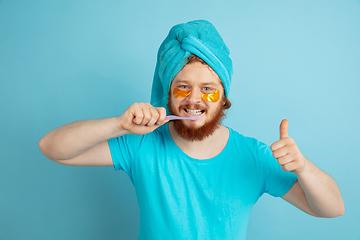 Image showing Portrait of young caucasian man in his beauty day and skin care routine