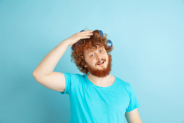 Image showing Portrait of young caucasian man in his beauty day and skin care routine