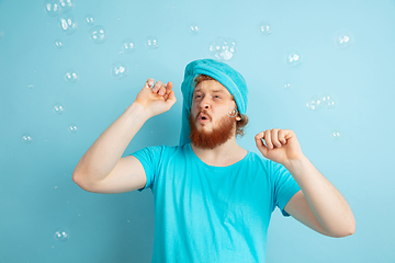 Image showing Portrait of young caucasian man in his beauty day and skin care routine