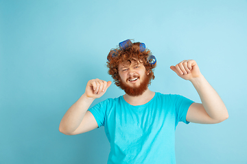 Image showing Portrait of young caucasian man in his beauty day and skin care routine