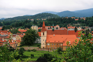 Image showing Beautiful view at the old town Czech Krumlov and nearby mountain