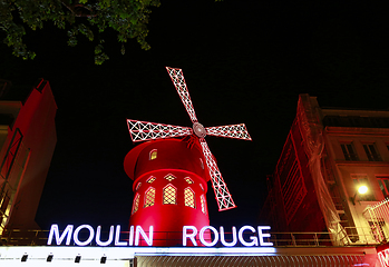 Image showing View of the Moulin Rouge (Red Mill) at night in Paris, France