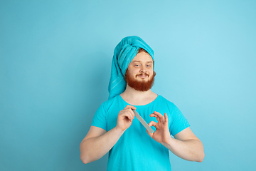 Image showing Portrait of young caucasian man in his beauty day and skin care routine