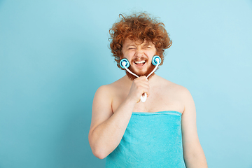 Image showing Portrait of young caucasian man in his beauty day and skin care routine