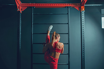 Image showing The female athlete training hard in the gym. Fitness and healthy life concept.