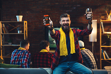 Image showing Group of friends watching TV, sport match together. Emotional man cheering for favourite team, celebrating successful betting. Concept of friendship, leisure activity, emotions