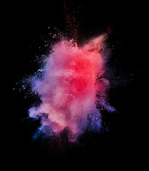 Image showing Explosion of colored, fluid and neoned powder on black studio background with copyspace