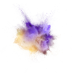 Image showing Explosion of colored, fluid and neoned powder on white studio background with copyspace