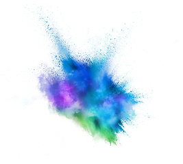 Image showing Explosion of colored, fluid and neoned powder on white studio background with copyspace