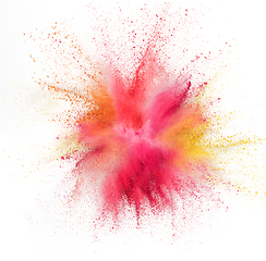 Image showing Explosion of colored, fluid and neoned powder on white studio background with copyspace